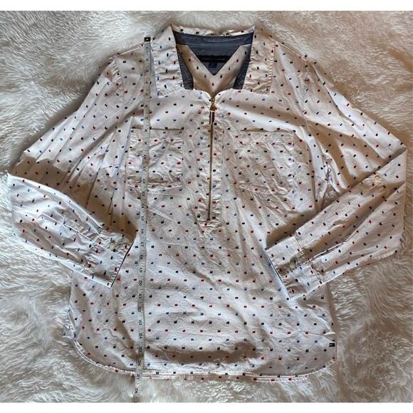 Tommy Hilfiger SZ L Woman’s White Polka Dot Print Half Zip Top/Blouse - Picture 9 of 11